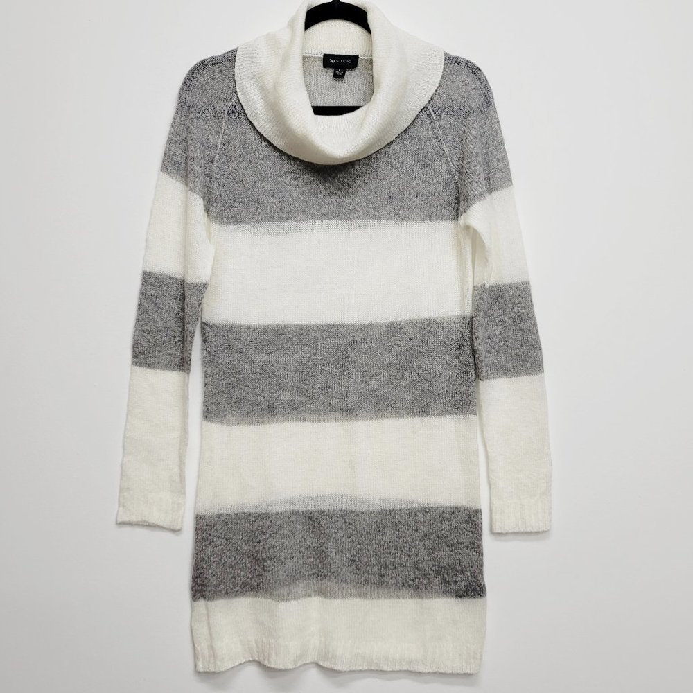 AB Studio Grey White Cowl Neck Sweater Tunic Dress ~ Large